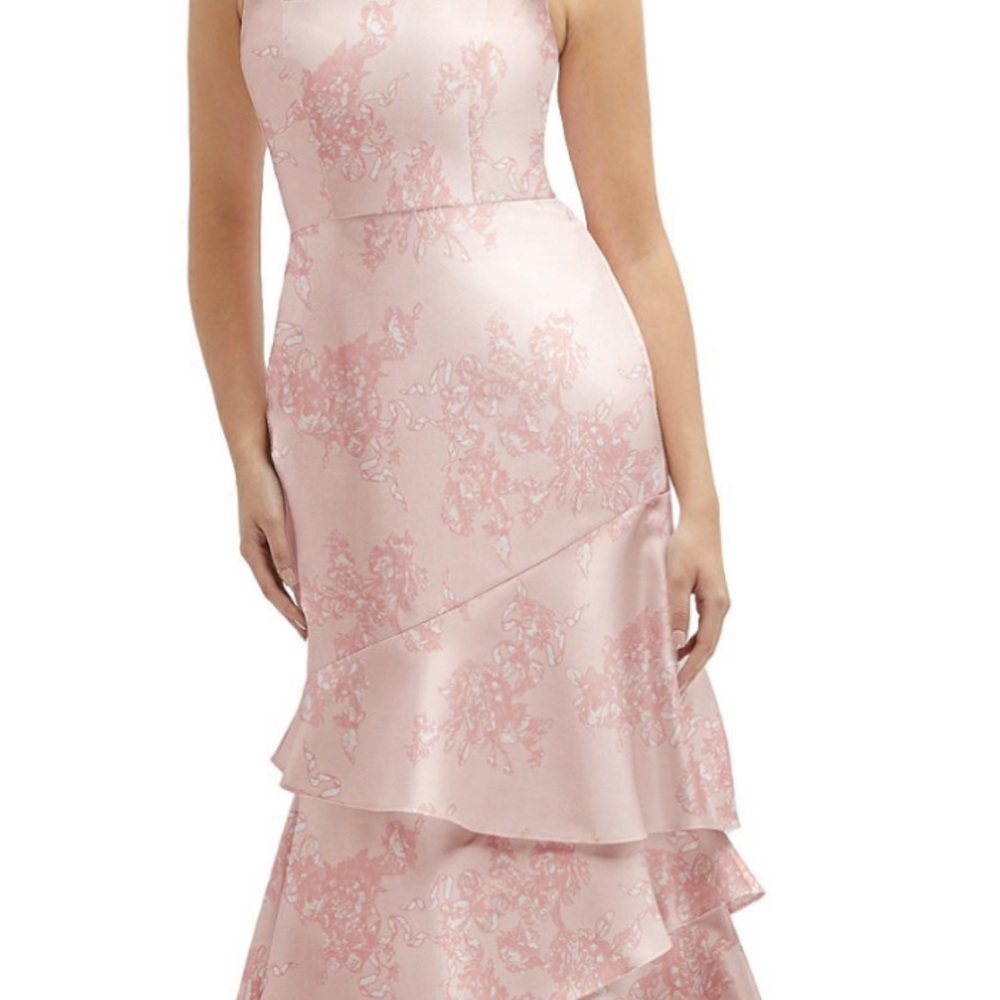 Dessy Collection Strapless Blush Pink Floral Satin Tiered Gown